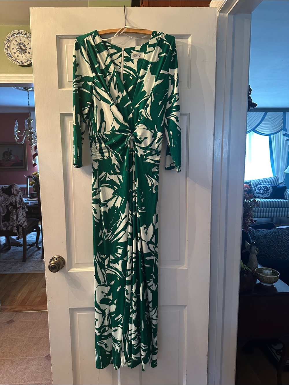Eliza J Green & White Twist-Front Long Sleeve Maxi Dress